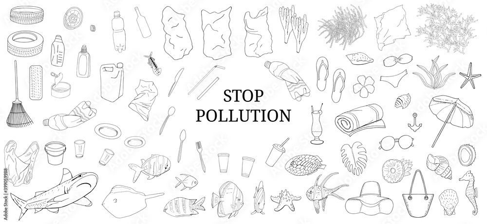 Hand drawn outline. Vector set of garbage, plastic straws, bag, plastic utensils, starfish, beach accessories.
