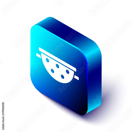 Isometric Kitchen colander icon isolated on white background. Cooking utensil. Cutlery sign. Blue square button. Vector.