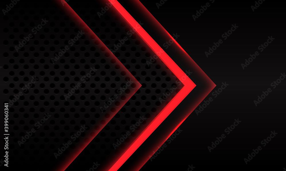 Abstract red neon arrow direction on black metallic circle mesh pattern design modern futuristic background vector illustration.