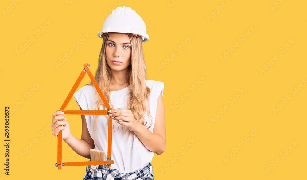 Beautiful caucasian woman with blonde hair wearing architect hardhat and holding tools thinking attitude and sober expression looking self confident Beautiful caucasian woman with blonde hair wearing architect hardhat and holding tools thinking attitude and sober expression looking self confident