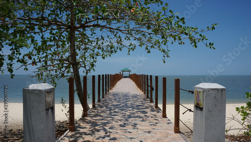 Long wooden pier and tree on the tropical beach, Penang, Malaysia © Natalia