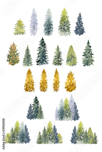 Watercolor Forest tree illustration. Christmas landscape illustration. Wedding Invitation. Woodland pine trees. Christmas Winter Forest.