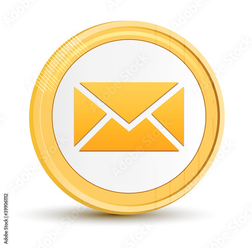 Email icon gold round button golden coin shiny frame luxury concept abstract illustration isolated on white background