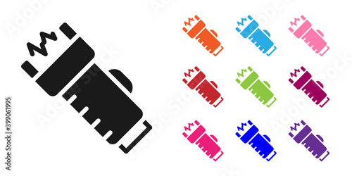 Black Police electric shocker icon isolated on white background. Shocker for protection. Taser is an electric weapon. Set icons colorful. Vector.