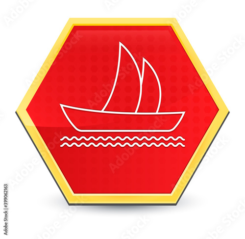 Sailboat icon abstract red hexagon button bright yellow frame elegant design