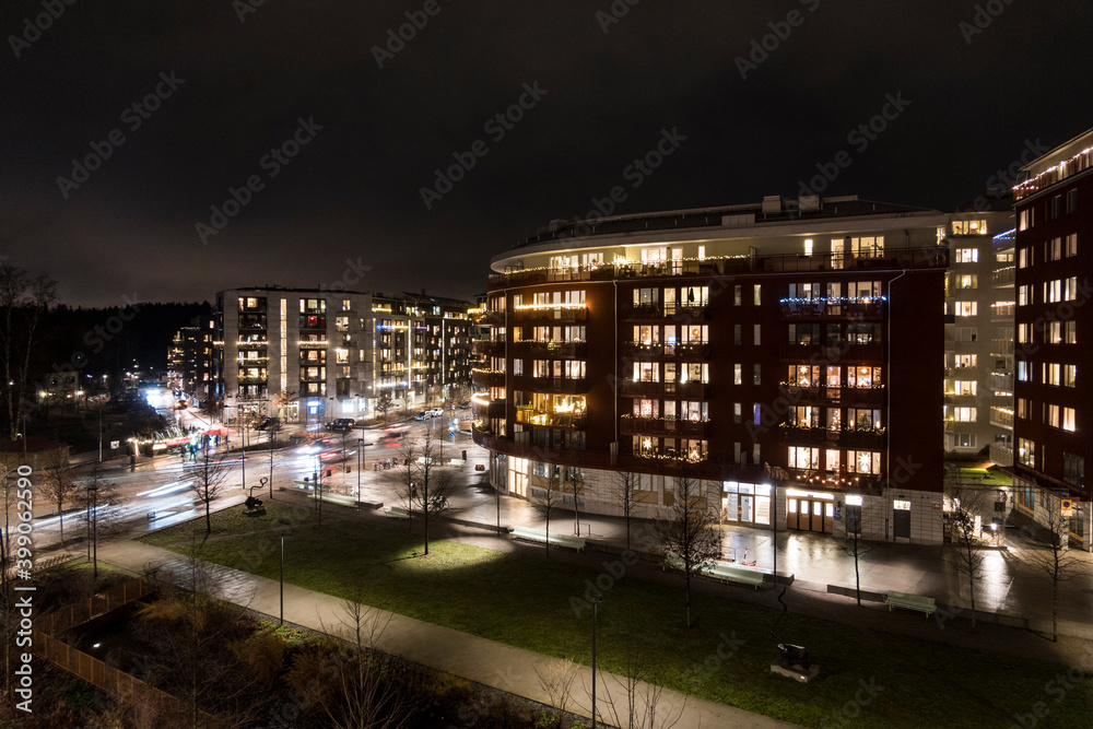 Stockholm, Sweden An apartment complex at night in Norra Djurgardsstaden. Stockholm, Sweden An apartment complex at night in Norra Djurgardsstaden.