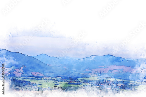 Abstract colorful shape on mountain peak and tree landscape on watercolor illustration painting background. 