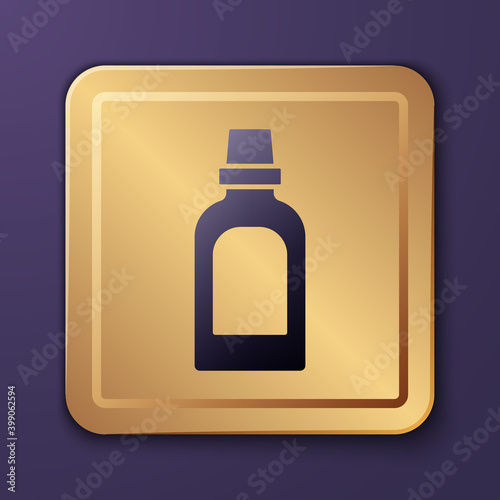 Purple Plastic bottle for laundry detergent, bleach, dishwashing liquid or another cleaning agent icon isolated on purple background. Gold square button. Vector.