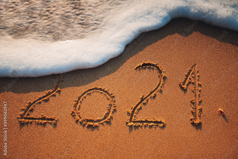 Fototapeta premium Happy New Year 2021 concept on the sea beach; sunrsie shot