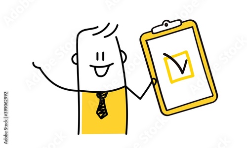 Funny stickman. Successful completion of business tasks, clipboard paper, questionnaire concept, business resume.