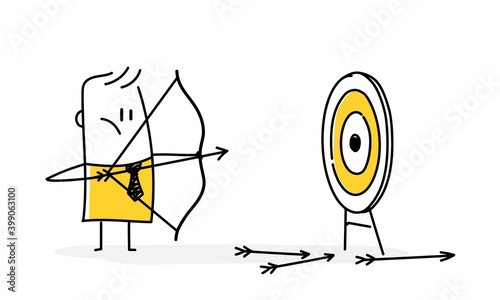 Stickman shoots an arrow at a target with a bow and misses. Business concept of failure.