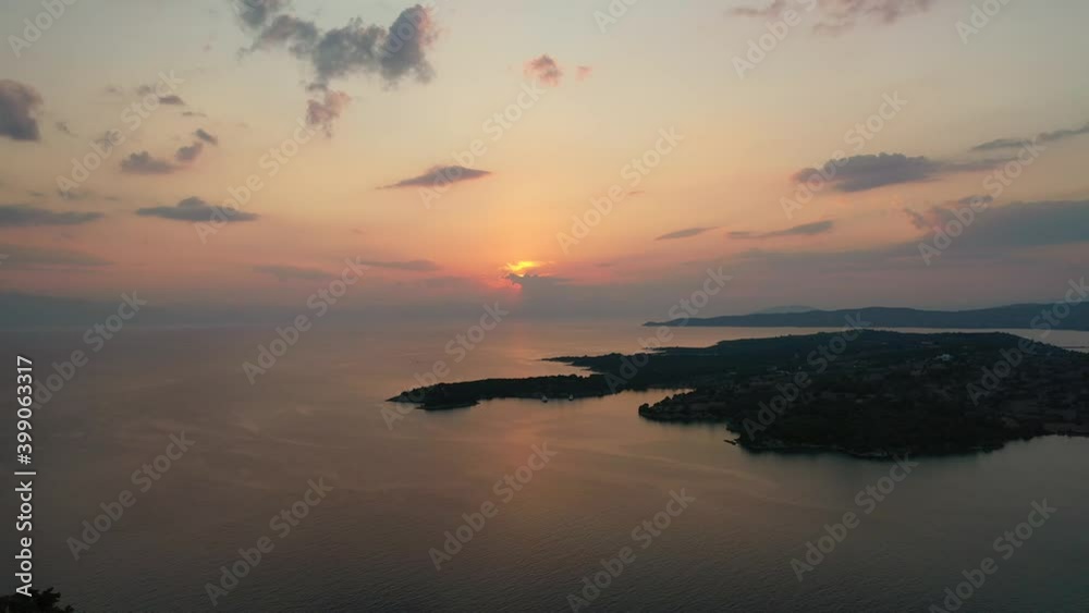Aerial drone video of famous fjord seaside village and bay of Porto Heli in the heart of Argolida prefecture at sunset, Peloponnese, Greece Aerial drone video of famous fjord seaside village and bay of Porto Heli in the heart of Argolida prefecture at sunset, Peloponnese, Greece