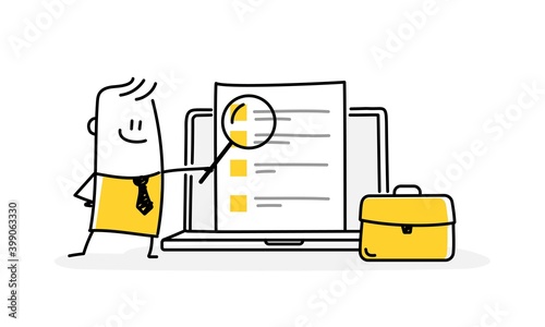 Business Intelligence and business rule, big data analytics. Stickman with magnifying glass.