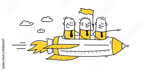 Successful team. Stick figures moving in a rocket. Business motivation, startup development. 