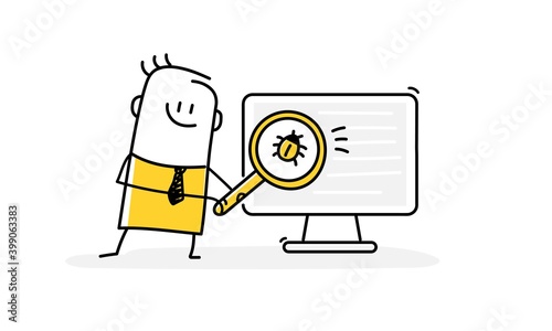 Stickman with a magnifier. Website programming and coding. Bug finding and fixing, debugging, web development, software testing metaphor.