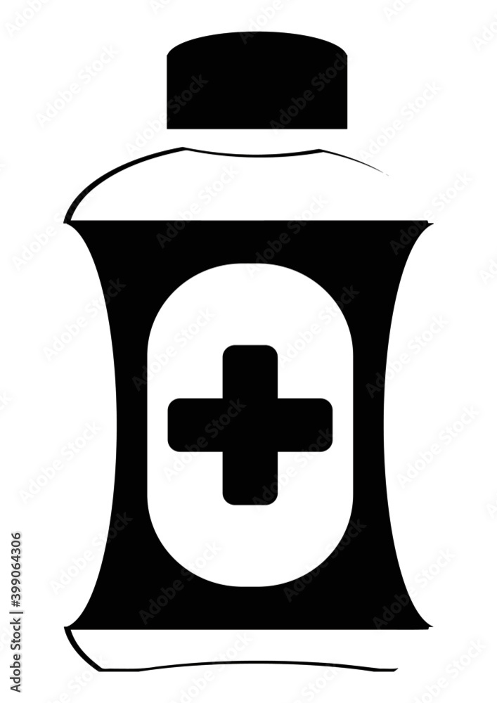 Illustration of medical icon with cross. Black color, health care, medical bottle, isolated on white background.