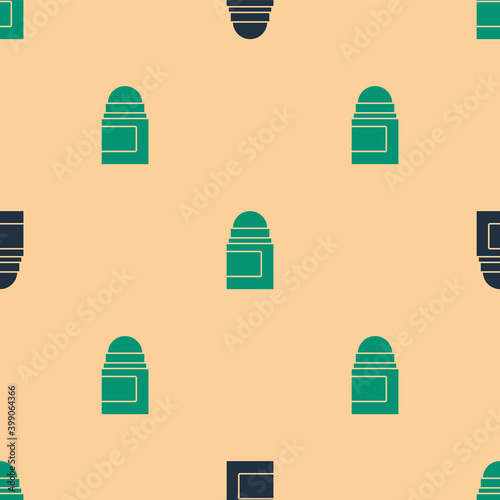 Green and black Antiperspirant deodorant roll icon isolated seamless pattern on beige background. Cosmetic for body hygiene. Vector.