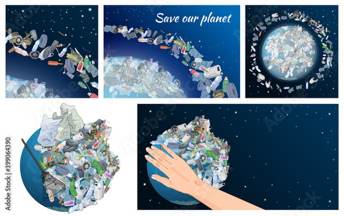 The problem of pollution of the planet. Space debris. The garbage, plastic, bags on the planet. The concept of ecology and the World Cleanup Day. photo