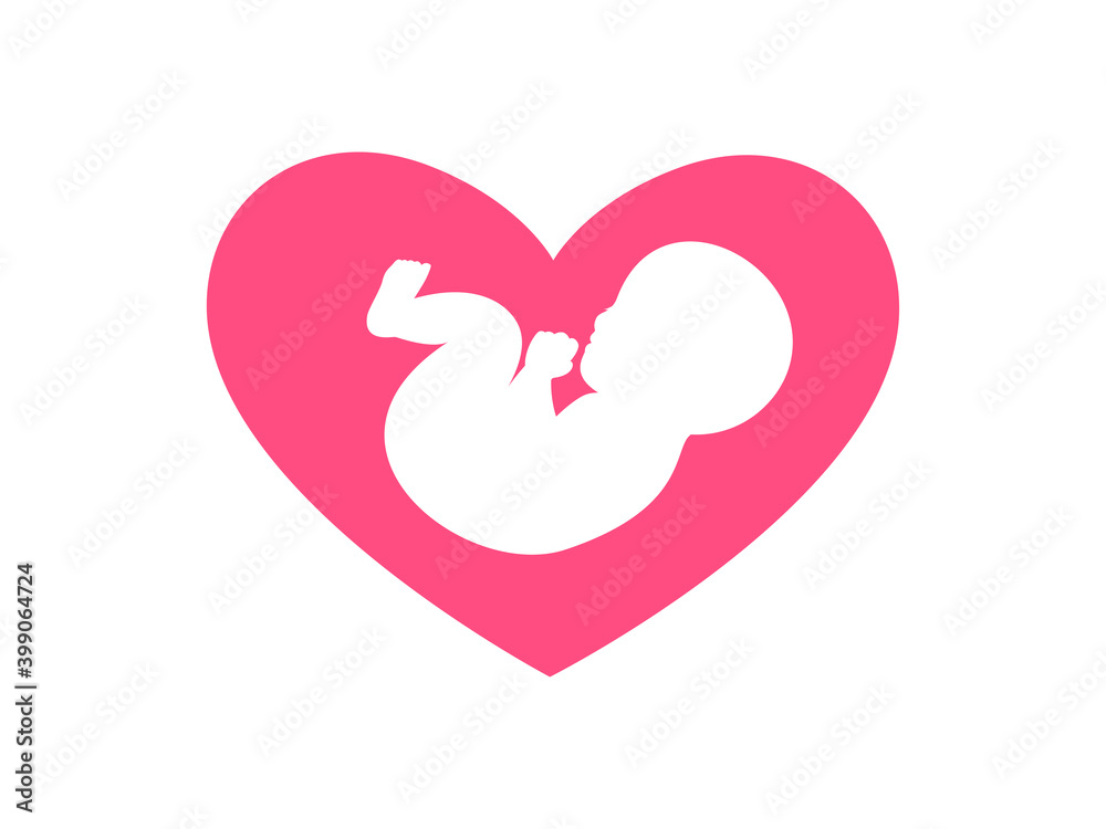 The Baby silhouette in pink heart background. Baby Girl. Isolated Vector Illustration
