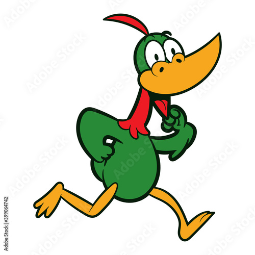 Funny Duck cartoon character running and smiling at finish line, best for sticker or decoration with animal themes for children