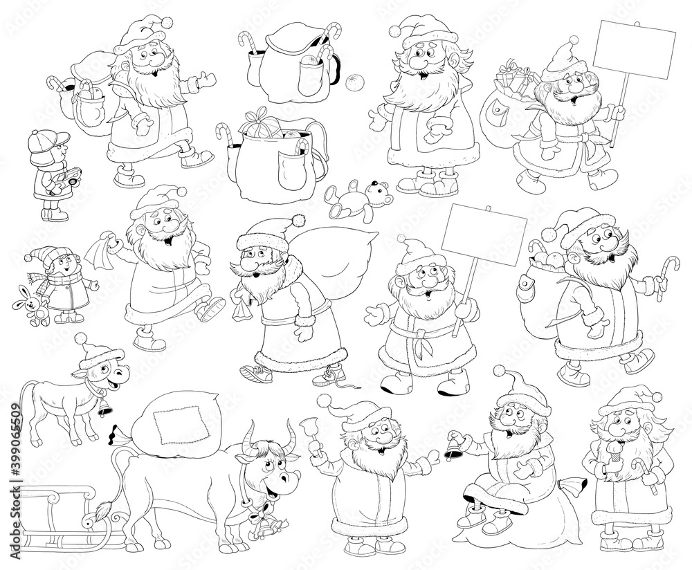 New Year. Christmas. Big set with cute Santa. Coloring page. Illustration for children. Cute and funny cartoon characters