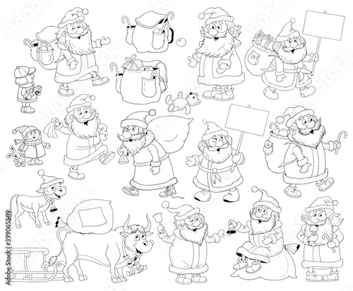 New Year. Christmas. Big set with cute Santa. Coloring page. Illustration for children. Cute and funny cartoon characters