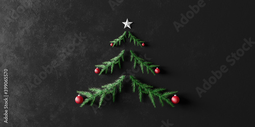 Christmas Tree Made With Fir Branches And Red Christmas Ball Decorations On Black Background With Copy Space. Winter Holidays concept 3d render 3d illustration
