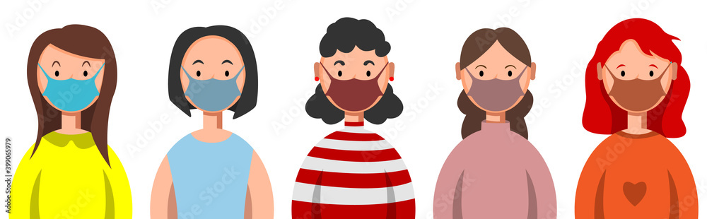 Different women in masks. People in medical masks, virus protection. Different women in masks. People in medical masks, virus protection.