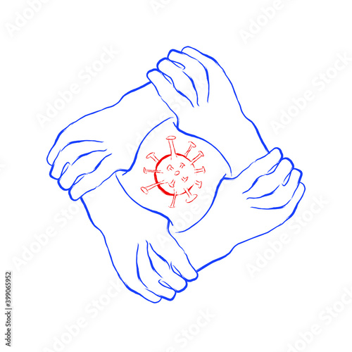 United community against bacteria vector concept illustration. Vector illustration in hand drawn style. Holding hands vector around virus cell, isolated.