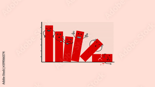 fallen graph with sad, cry and suffering expression cartoon face. business metaphor fallen chart vector illustration