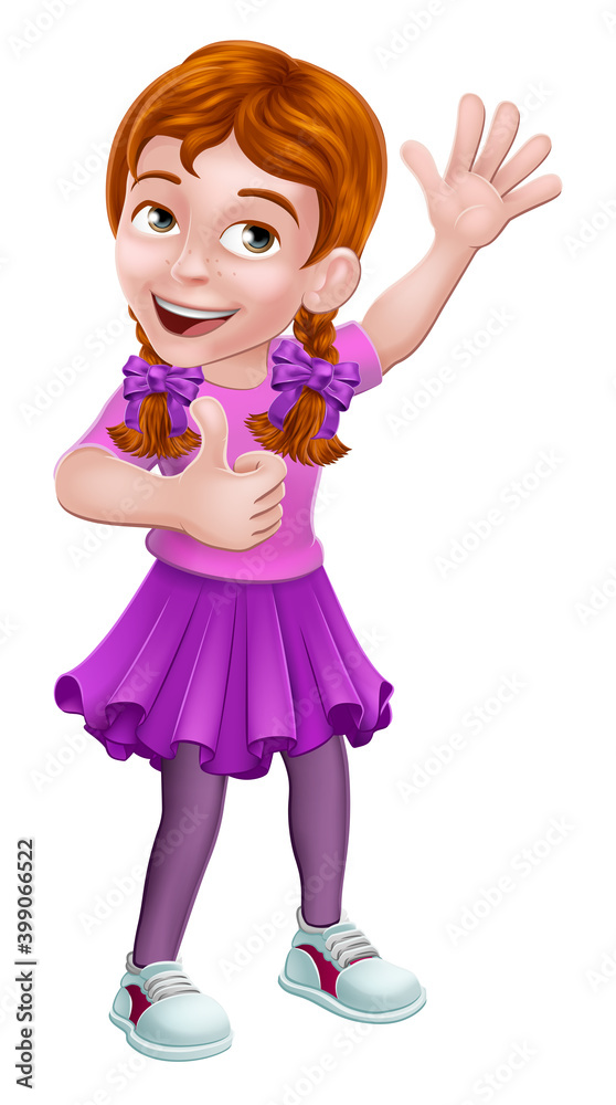 A kid cartoon girl child giving a thumbs up and waving A kid cartoon girl child giving a thumbs up and waving