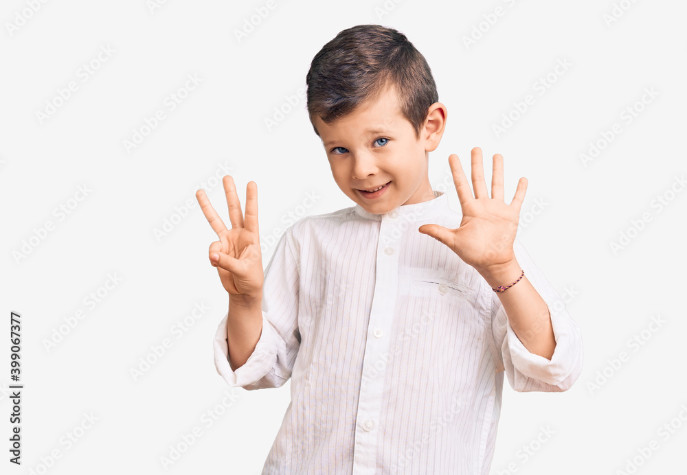 Cute blond kid wearing elegant shirt showing and pointing up with fingers number eight while smiling confident and happy. Cute blond kid wearing elegant shirt showing and pointing up with fingers number eight while smiling confident and happy.
