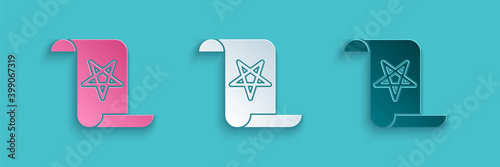Paper cut Ancient magic book with alchemy recipes and mystic spells and enchantments icon isolated on blue background. Paper art style. Vector.