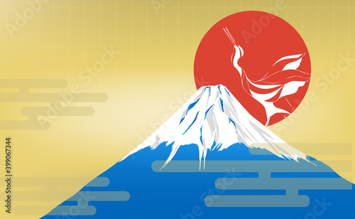 黄金の空に縁起のいい日の出と白い鶴をうつす富士山のイラスト