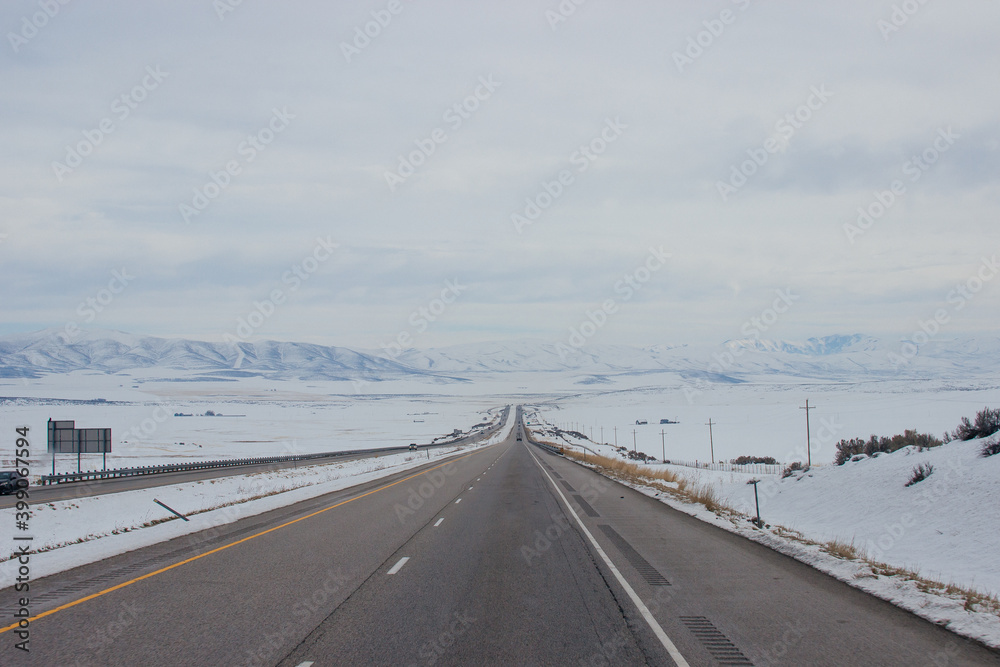 Winter snow highway among mountains. Utah, USA, 12-12-2019