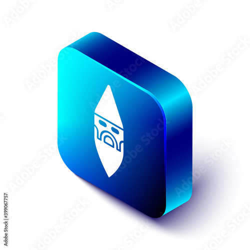 Isometric Wizard warlock icon isolated on white background. Blue square button. Vector.