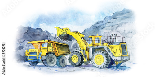 Dump truck and excavator. Mining. Watercolor drawing.