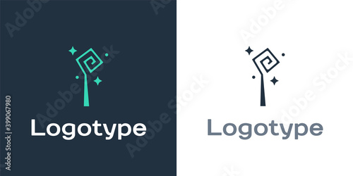 Logotype Magic staff icon isolated on white background. Magic wand, scepter, stick, rod. Logo design template element. Vector.