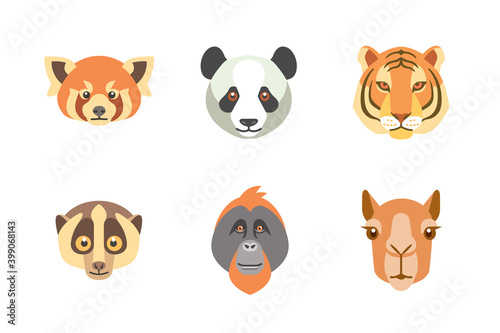 Portrait collection of asian wild animal isolated on white background flat vector illustration