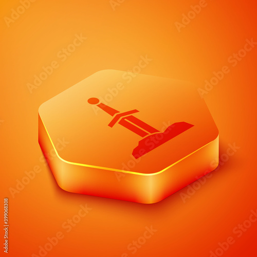 Isometric Sword in the stone icon isolated on orange background. Excalibur the sword in the stone from the Arthurian legends. Orange hexagon button. Vector.