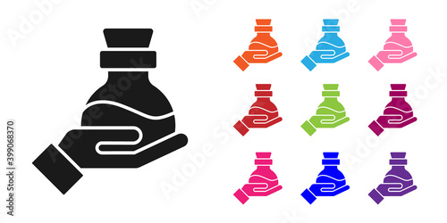 Black Bottle with potion icon isolated on white background. Flask with magic potion. Happy Halloween party. Set icons colorful. Vector.