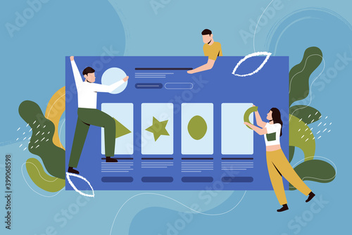 Website development abstract concept vector illustration. Cartoon man woman team of developer characters build app and web site design, holding geometric shapes, teamwork process technology background