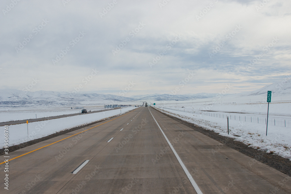 Winter snow highway among mountains. Utah, USA, 12-12-2019