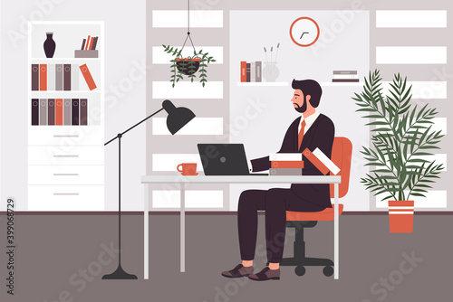 Businessman working vector illustration. Cartoon young business corporate worker man character in suit sitting at workplace desk with laptop in modern office room interior, work process background