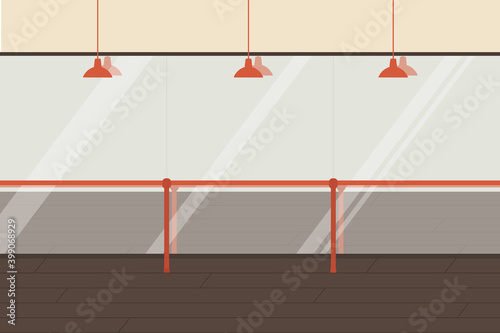 Ballet dancing studio, empty dance class interior with wooden floor, handrails and mirror vector illustration.