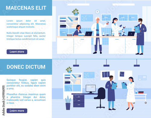 Hospital doctors people work in medical laboratory vector illustration set. Cartoon man woman doctor, nurse characters working with lab test tubes, analyzing bone scan, medicine healthcare background