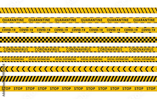 Set of quarantine stripes. Covid-19. Black and yellow warning tapes. Coronavirus danger zone. Cordon prohibition. Forbidden cross area. © TMvectorart