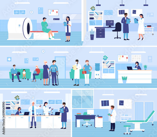 Healthcare medicine service, hospital office departments interior vector illustration set. Cartoon doctors meeting with patient characters,working in medical laboratory, making mri scan background