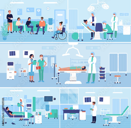 Hospital healthcare medical office interior vector illustration set. Cartoon people outpatients waiting doctor exam in reception, hospitalized patients lying in surgical ward bed or surgery operating