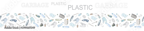 Different kinds of plastic garbage. Seamless pattern brush. The concept of ecology and the World Cleanup Day.